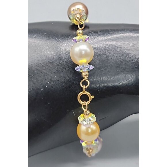 14kGF Faux Pearl &amp; Aurora Borealis Beaded Bracelet Yellow Gold Filled 6.5" - Picture 1 of 16